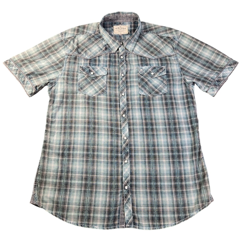 BKE Vintage Mens XL Athletic Fit Blue Plaid PearlSnap Western Shirt Short Sleeve